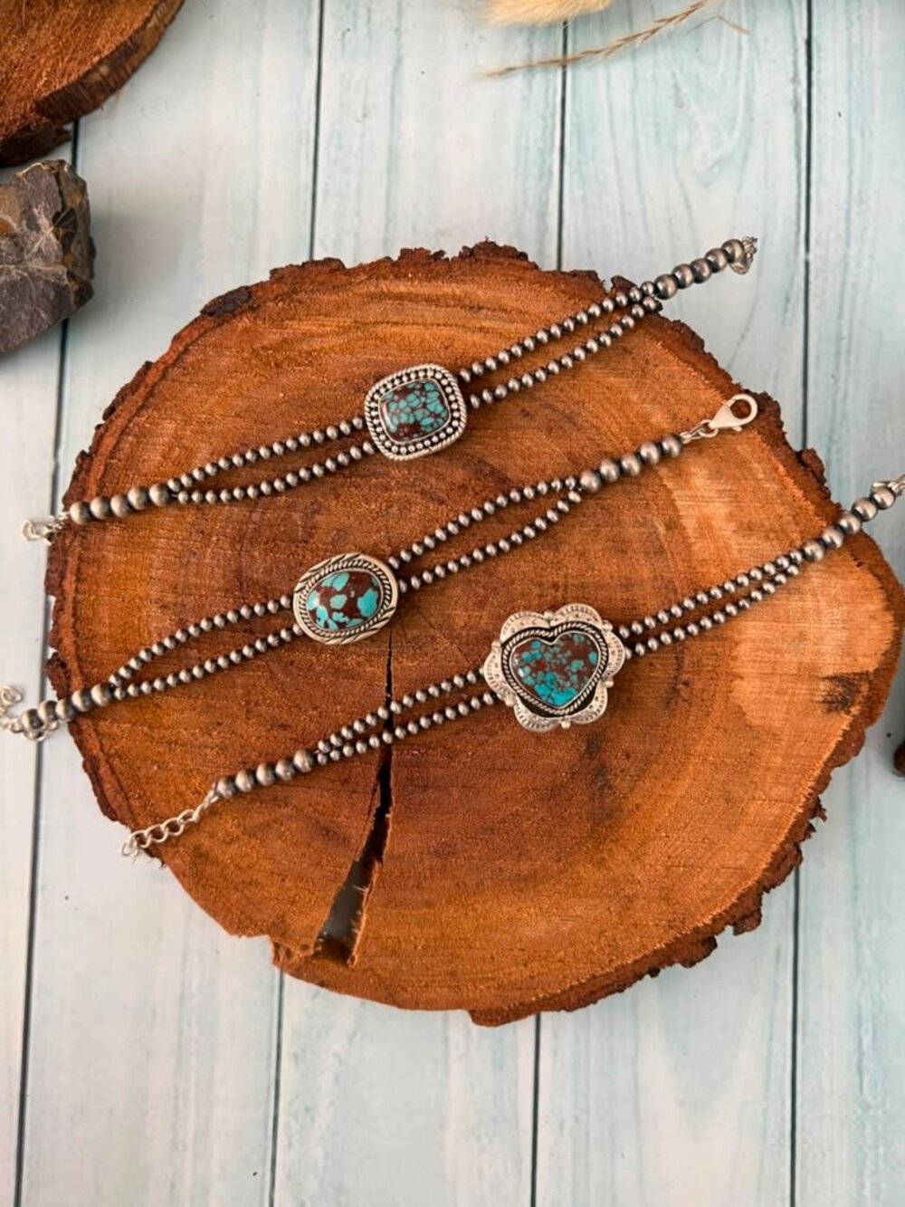 Handmade Sterling Silver Egyptian Turquoise Collection: Beaded Chain Bracelet Si
